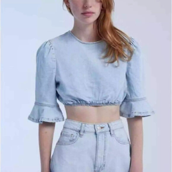 WEWOREWHAT Cropped Denim Top Super Light Flare Cuff Sleeves Size Small S Stretch - Picture 1 of 12